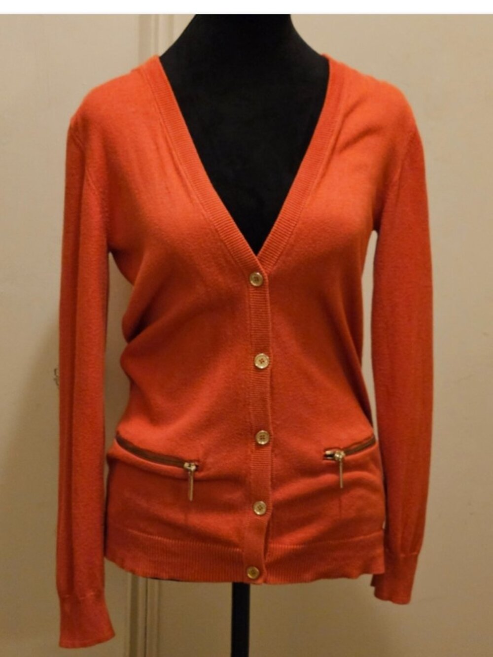 Michael Kors Orange V Neck Button Down Cardigan Gold Buttons. Size XL